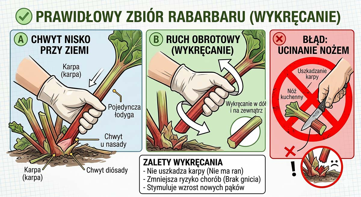 Instrukcja obrazkowa zbioru: dłonie wykręcające łodygę rabarbaru u nasady oraz przekreślony czerwonym kolorem nóż. Poprawna technika chroni rabarbar przed gniciem karpy.