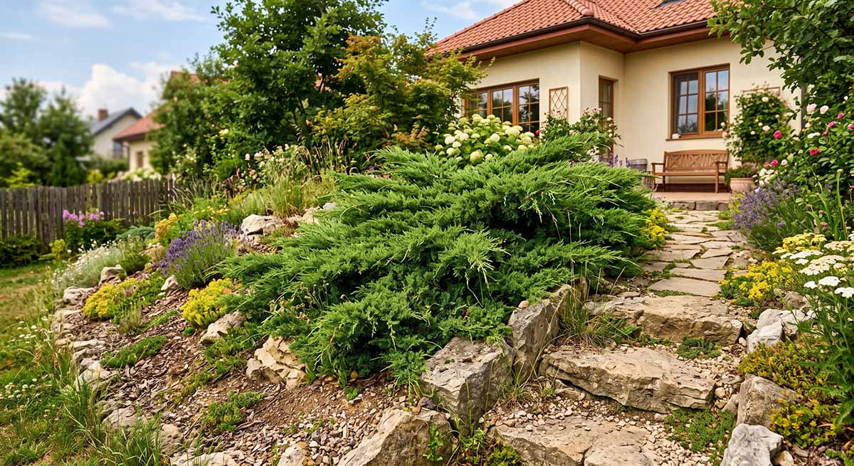 Rozrośnięty krzew jałowca sabińskiego rosnący na kamienistej skarpie w przydomowym ogrodzie obok ścieżki.