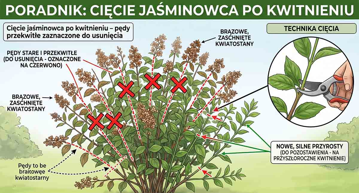Cięcie jaśminowca po kwitnieniu &ndash; pędy przekwitłe zaznaczone do usunięcia