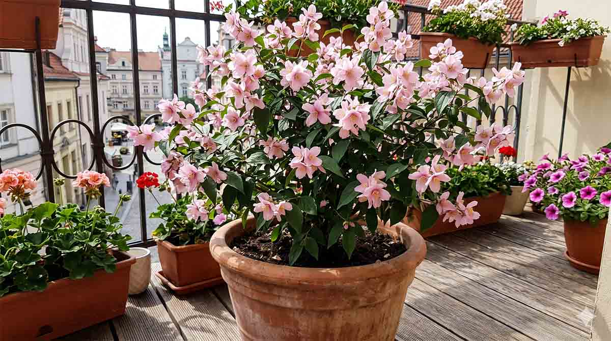Jaśminowiec Petite Perfume Pink w dużej donicy na balkonie z różowymi kwiatkami