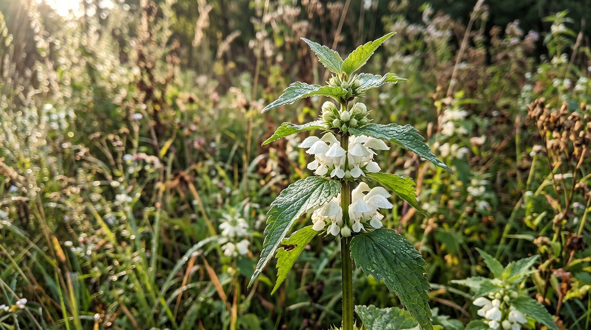Kwitnąca jasnota biała (Lamium album) o poranku - zbiór i właściwości Kwitnący pęd jasnoty białej (Lamium album) z kroplami porannej rosy na liściach i kwiatach rosnący na miedzy wczesną jesienią