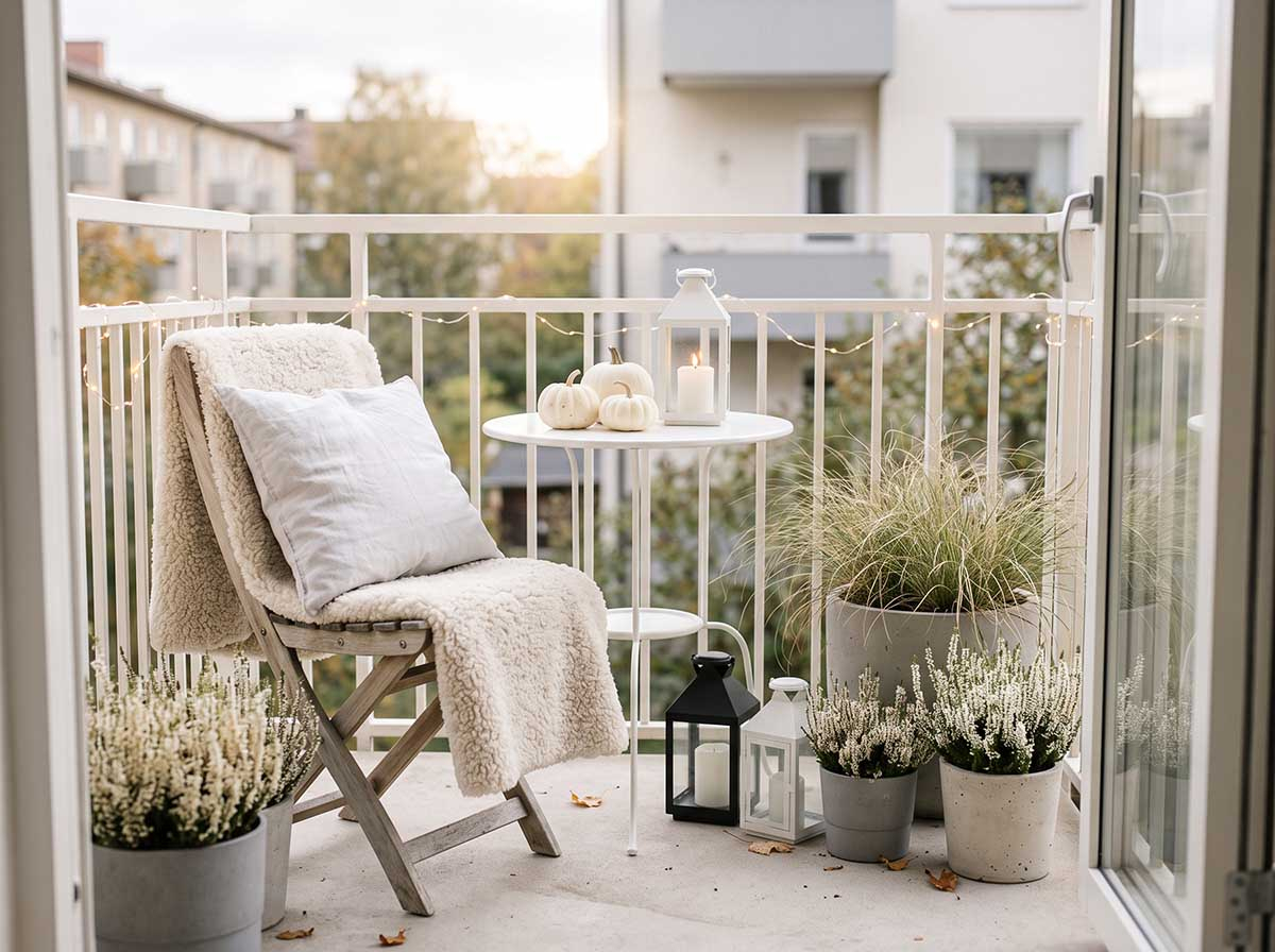 Przytulny mały balkon jesienią - styl skandynawski z białymi wrzosami i nastrojowym oświetleniem Jasna jesienna aranżacja małego balkonu w stylu skandynawskim hygge z białymi wrzosami, kremowym kocem, dyniami i lampionami