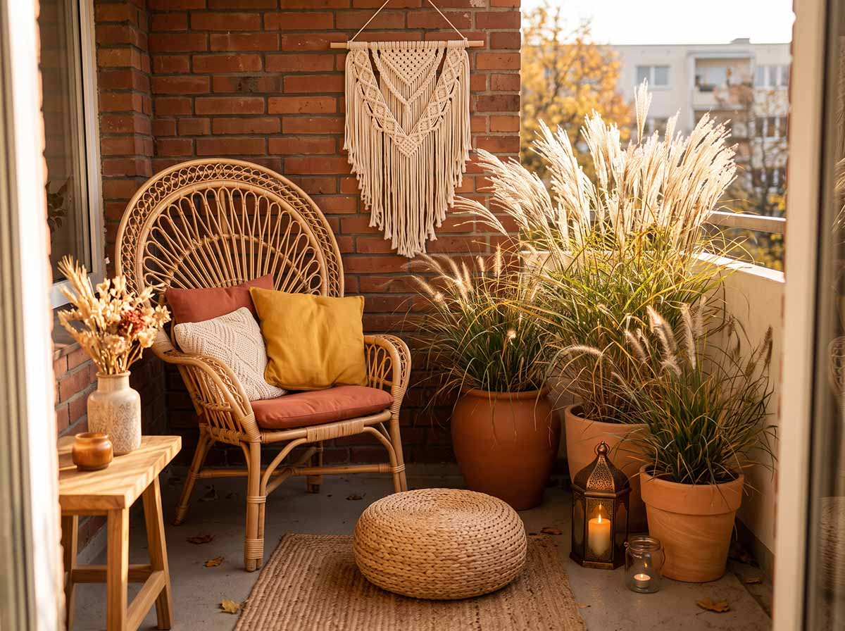 Balkon w stylu boho na jesień - trawy ozdobne, naturalny rattan i ciepłe tekstylia Jesienna aranżacja małego balkonu w stylu boho z dużymi trawami ozdobnymi w terakotowych donicach, rattanowym fotelem, plecioną makramą i lampionami w ciepłym słońcu