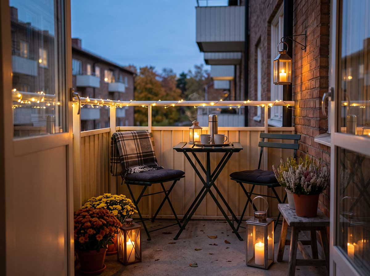 Jesienna kawiarnia na balkonie: stolik bistro, lampiony i ciepłe światełka Jesienny balkon w bloku wieczorem z lampionami i girlandą LED