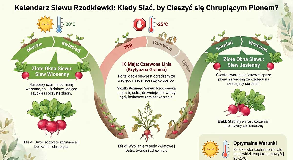 Oś czasu przedstawiająca optymalne miesiące na siew rzodkiewki: zielone przedziały dla marca i kwietnia oraz sierpnia i września, z czerwoną linią odcięcia siewu na 10 maja.