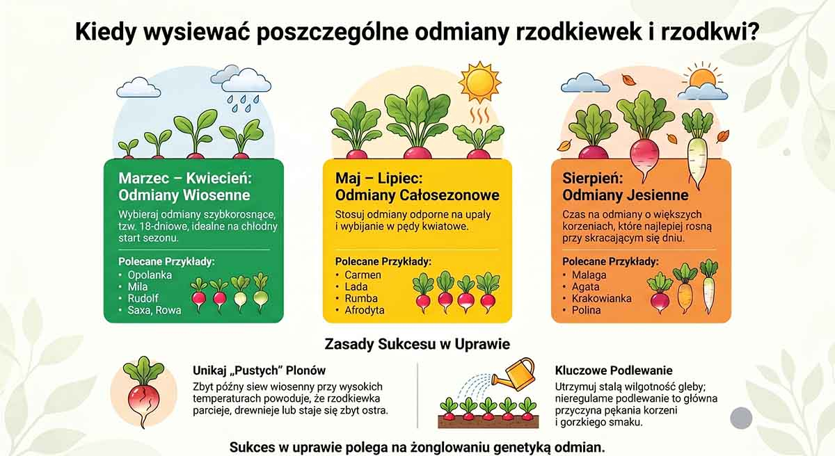 Oś czasu od marca do listopada pokazująca optymalne miesiące siewu. Odmiany wiosenne (zielony blok: marzec-kwiecień), całosezonowe (żółty blok: maj-lipiec) oraz rzodkwie jesienne (pomarańczowy blok: sierpień).
