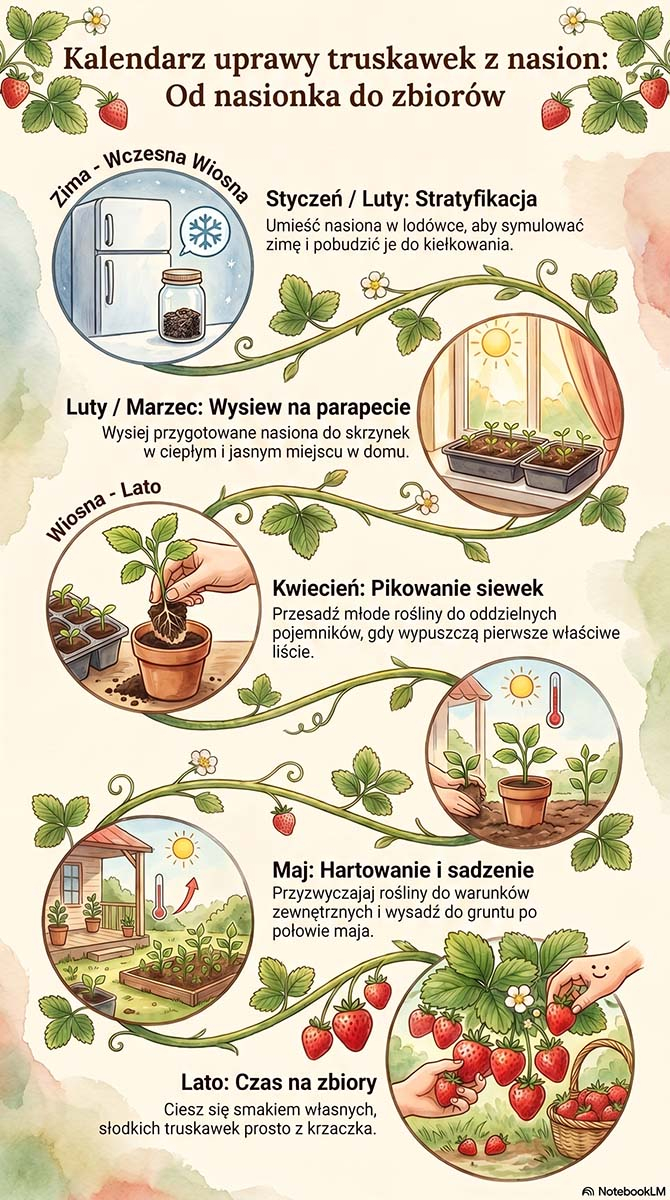 Infografika w formie osi czasu przedstawiająca etapy uprawy truskawek z nasion. Pokazuje kolejne kroki: stratyfikację nasion w styczniu i lutym, wiosenny wysiew na parapecie, kwietniowe pikowanie siewek, majowe hartowanie i sadzenie do gruntu oraz letnie zbiory owoców.
