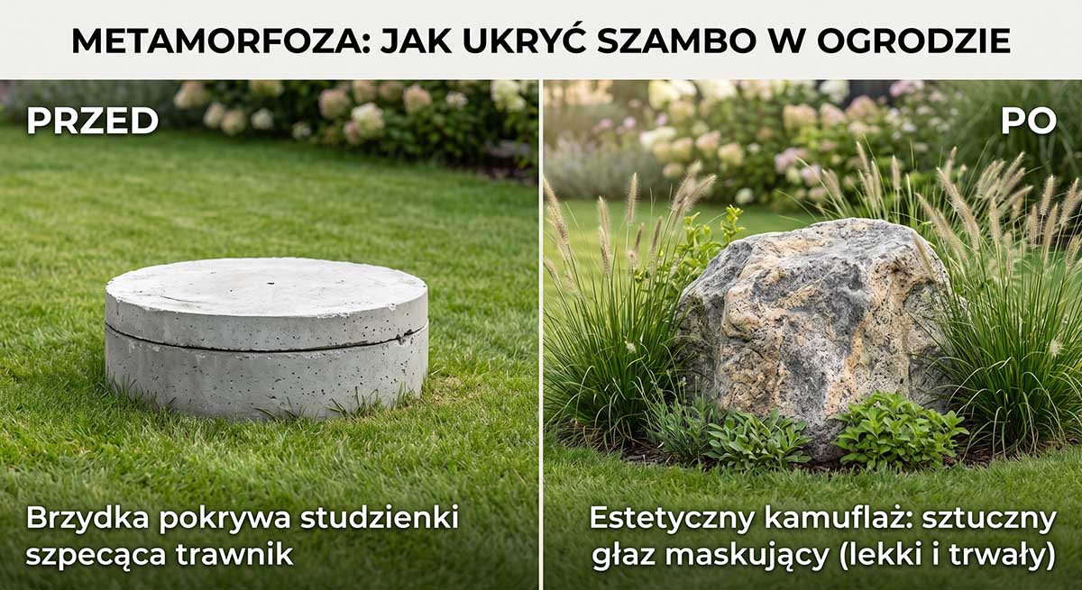 Metamorfoza ogrodu: maskowanie studzienki sztucznym kamieniem - efekt Przed i Po Porównanie przed i po: szpecąca betonowa pokrywa szamba w trawniku obok estetycznego sztucznego głazu maskującego imitującego granit, wkomponowanego w roślinność.