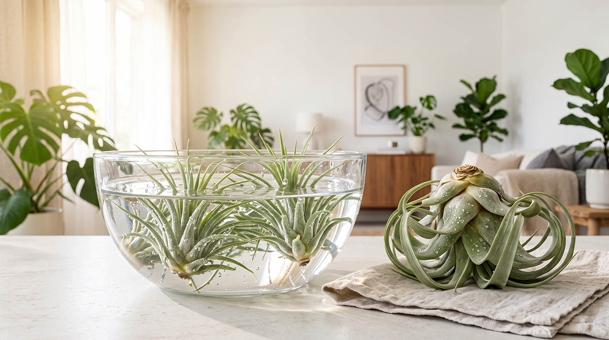 Kąpiel wodna oplątwy w szklanym naczyniu Kąpiel oplątwy Tillandsia w przezroczystej misce z czystą wodą oraz roślina susząca się obok na naturalnej ściereczce