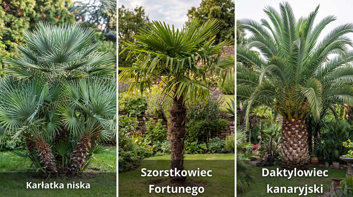 Porównanie palm: Karłatka niska, Szorstkowiec Fortunego i Daktylowiec kanaryjski Porównanie trzech popularnych palm ogrodowych: karłatka niska, szorstkowiec Fortunego oraz daktylowiec kanaryjski rosnących w ogrodzie
