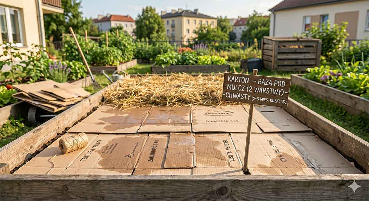 Karton jako baza pod mulcz - metoda No-Dig w warzywnikowi Karton układany jako warstwa bazowa pod mulcz w warzywnikowi No-Dig