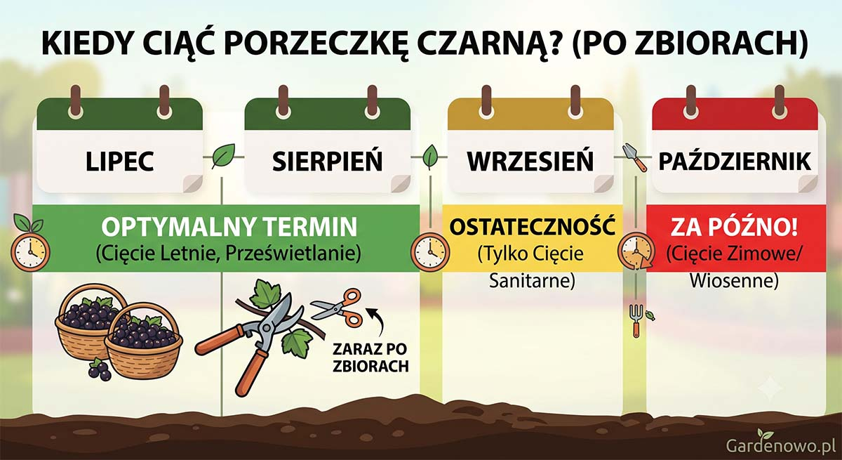 Terminy cięcia czarnej porzeczki po zbiorach - Kalendarz Kalendarz ogrodnika Gardenowo w języku polskim: Kiedy ciąć czarną porzeczkę? Lipiec i sierpień jako optymalny termin letniego prześwietlania.
