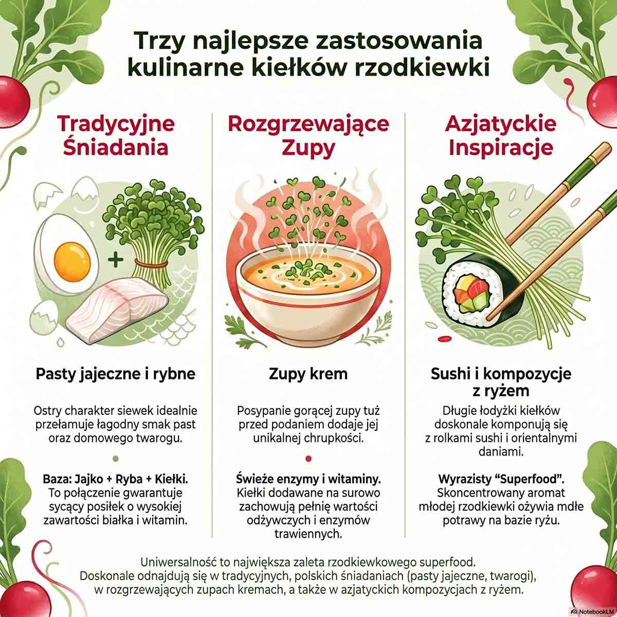 Infografika podzielona na trzy sekcje. W pierwszej widać jajko i rybę połączone znakiem plus z kiełkami. W drugiej parującą zupę krem posypaną siewkami. W trzeciej pałeczki trzymające rolkę sushi, z której wystają długie łodyżki kiełków.