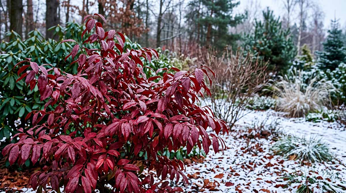 Kiścień wawrzynowy zimą - purpurowe liście na rabacie. Zbliżenie na krzew kiścienia wawrzynowego z czerwonymi liśćmi w ośnieżonym ogrodzie zimowym.