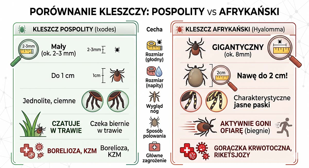 Porównanie kleszcza pospolitego i afrykańskiego Hyalomma. Różnice w rozmiarze i wyglądzie nóg.