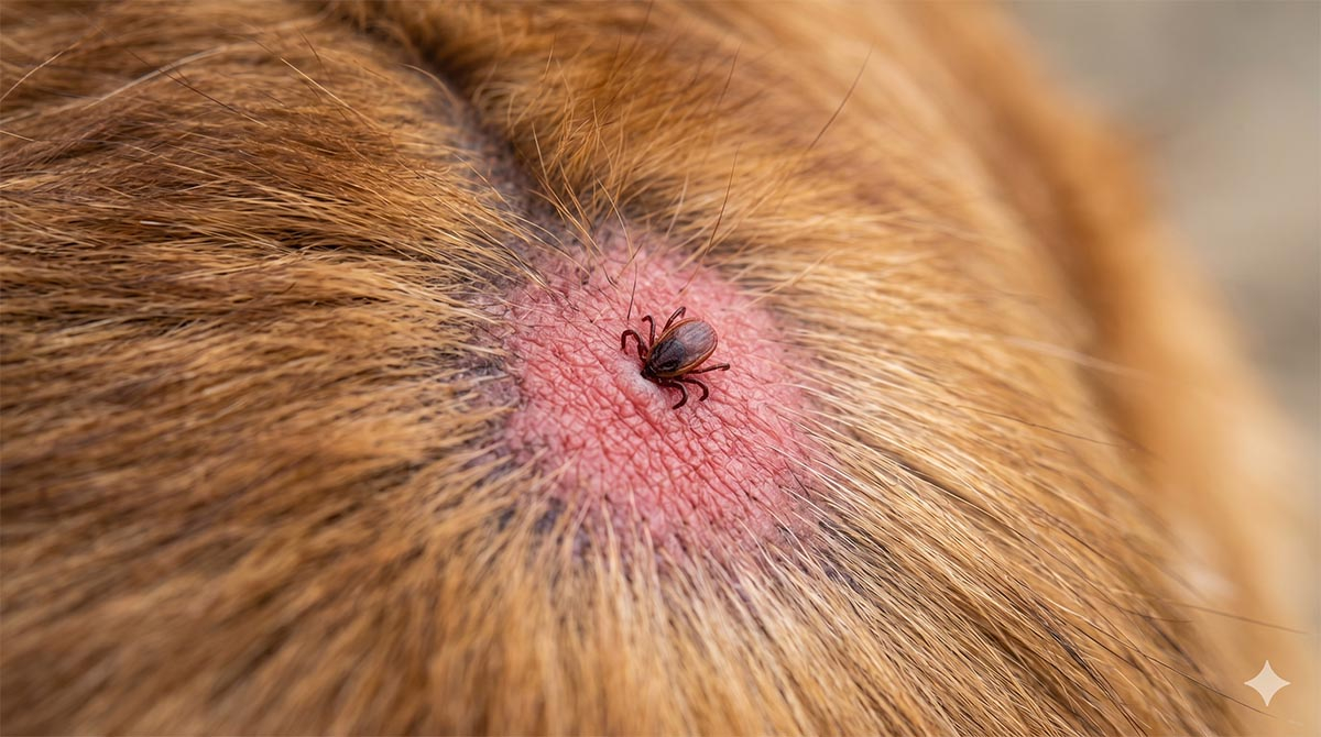kleszcz wbity w skórę psa, skóra psa zaczerwieniona od kleszcza
