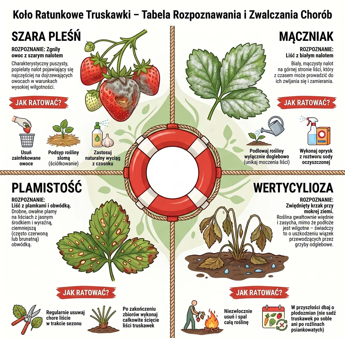 Kwadratowa infografika edukacyjna podzielona na cztery części, ilustrująca objawy najczęstszych chorób truskawek: szarej pleśni na owocach, mączniaka prawdziwego na liściach, plamistości liści oraz wertycyliozy. Do każdej choroby dopisano krótkie instrukcje ekologicznego zwalczania.