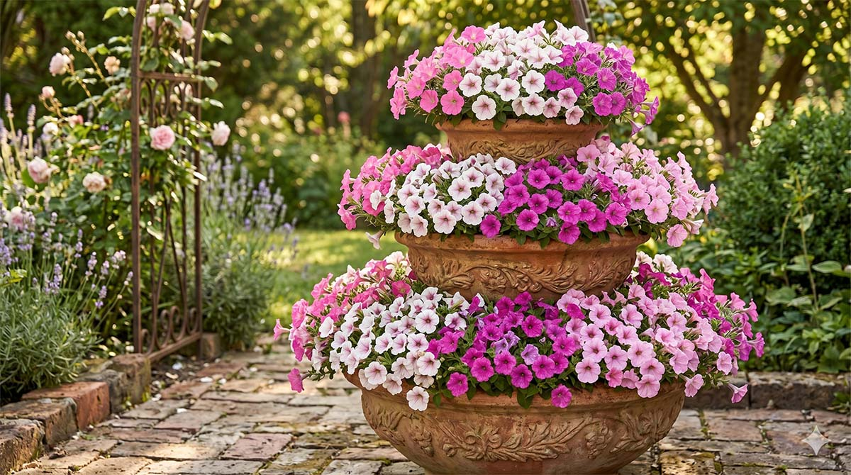 Piętrowa donica z Supertunią Vista &ndash; kompozycja kolorów Bubblegum, Silverberry i Fuchsia tworząca kaskadę kwiatów w ogrodzie.
