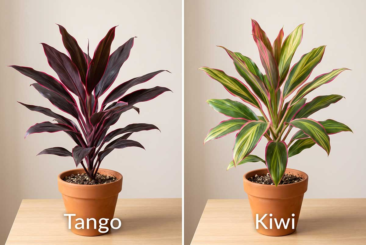Kordylina krzewiasta (Cordyline fruticosa) - odmiany Tango i Kiwi Porównanie dwóch odmian kordyliny krzewiastej w doniczkach – ciemnobordowej Tango oraz zielono-różowej Kiwi