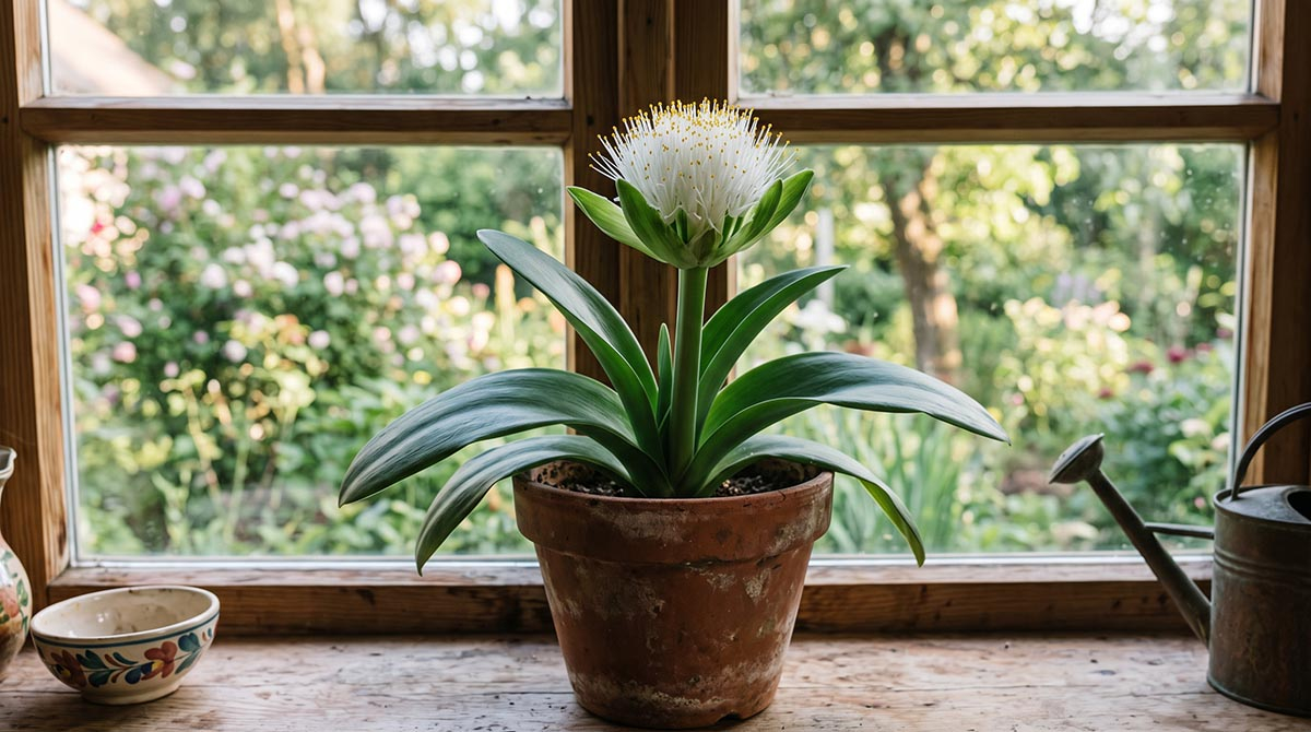 Krasnokwiat białokwiatowy - odmiana o białych kwiatach Kwitnący krasnokwiat białokwiatowy (Haemanthus albiflos) w glinianej doniczce na parapecie, z widocznym charakterystycznym białym kwiatem przypominającym szczotkę.