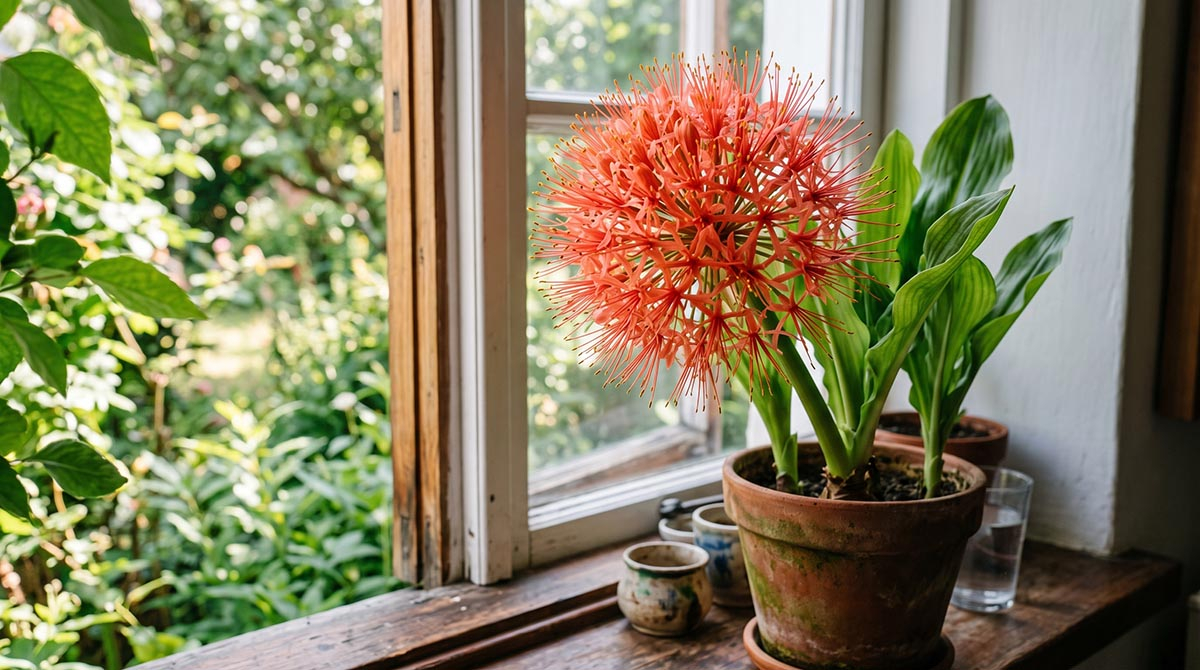 Krasnokwiat Katarzyny na parapecie - spektakularne kwitnienie Kwitnący krasnokwiat Katarzyny (Scadoxus multiflorus) w glinianej doniczce na drewnianym parapecie, z widokiem na letni ogród za oknem.