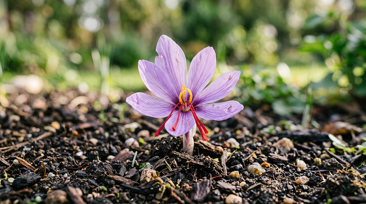 Krokus sativus (szafran uprawny) - kwiat z czerwonymi znamionami słupka Kwitnący krokus sativus w ogrodzie z widocznymi czerwonymi znamionami szafranu w porannym słońcu