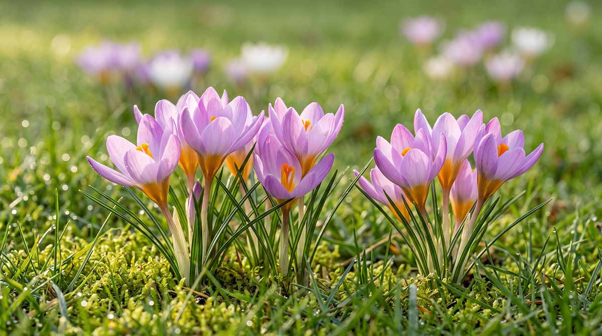 Krokus botaniczny Siebera Firefly - wczesna odmiana o urokliwych, liliowo-różowych płatkach Drobne pastelowe kwiaty krokusa Siebera Firefly w kolorze liliowym z żółtą gardzielą rosnące w trawie