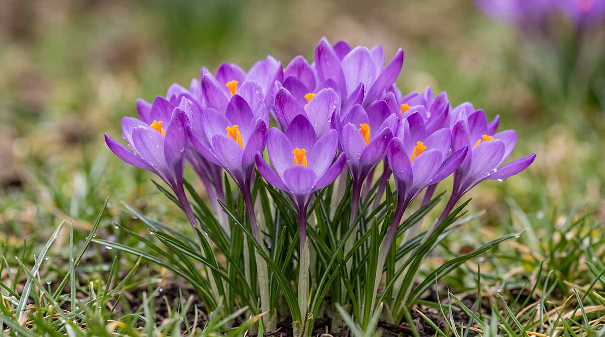 Krokus Tomasiniego Barr’s Purple - niezastąpiona odmiana do tworzenia naturalnych dywanów kwiatowych Gęsta kępa krokusów Tomasiniego Barr's Purple o ametystowych kwiatach idealna do naturalizacji na trawniku