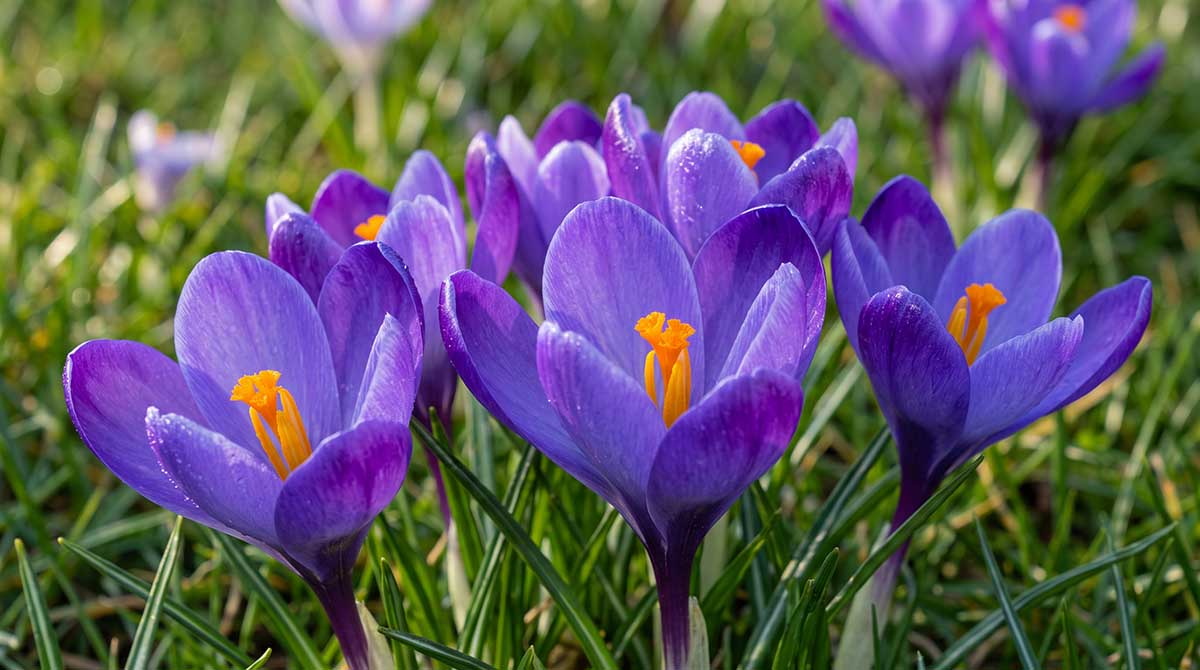 Krokus wielkokwiatowy Grand Maître - klasyczna, intensywnie fioletowa odmiana holenderska Kępa fioletowo-lawendowych krokusów wielkokwiatowych Grand Maitre z jaskrawożółtymi słupkami na trawniku