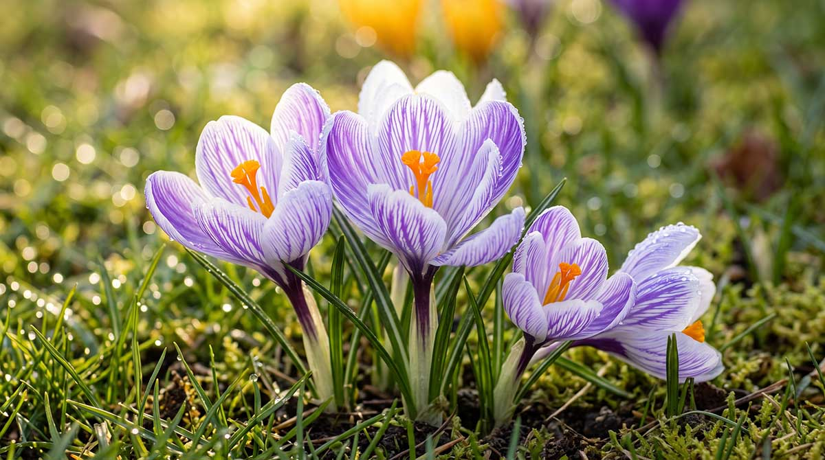 Krokus wielkokwiatowy 'Pickwick' – charakterystyczne pasiaste kielichy na wczesnowiosennej rabacie Kwitnący krokus wielkokwiatowy Pickwick o biało-fioletowych pasiastych płatkach z pomarańczowymi pręcikami w trawie