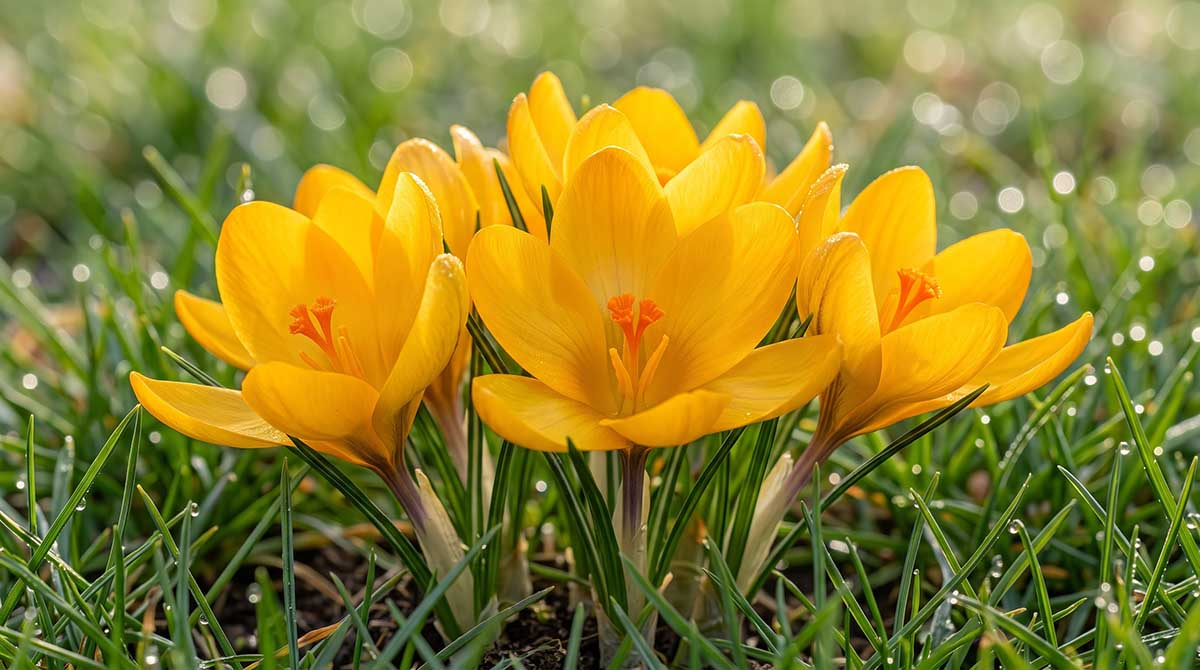 Krokus Yellow Mammoth - słoneczne, złocistożółte kielichy rozświetlające ogród w marcu Intensywnie żółte kwiaty krokusa Yellow Mammoth kwitnące w pełnym słońcu na zielonym trawniku