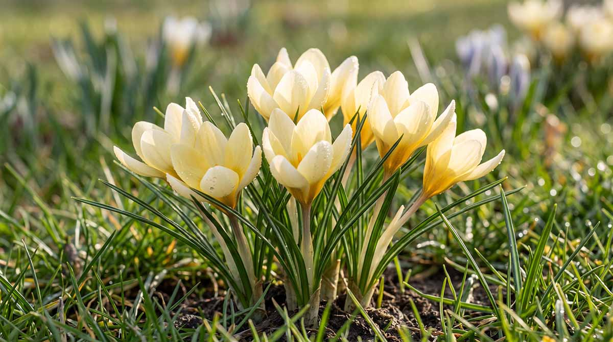 Krokus botaniczny Romance - subtelne, kremowo-żółte kielichy na słonecznym stanowisku Pastelowe, kremowo-maślane kwiaty krokusa złocistego Romance kwitnące wczesną wiosną w ogrodzie