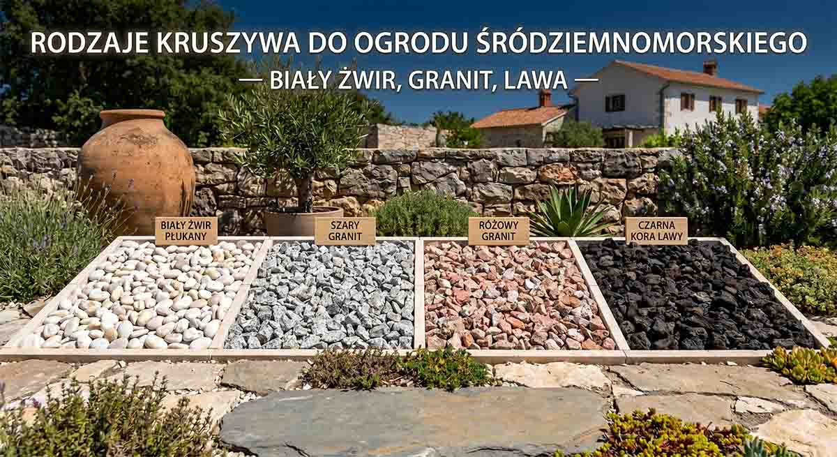 Kruszywo do ogrodu żwirowego — porównanie rodzajów i kolorów Rodzaje kruszywa do ogrodu śródziemnomorskiego - biały żwir, granit, lawa