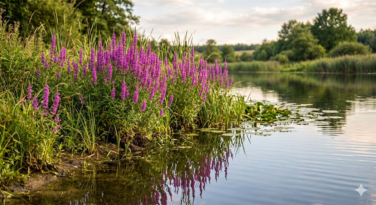 Naturalne siedlisko krwawnicy Krwawnica w naturalnym środowisku, nad rzeką