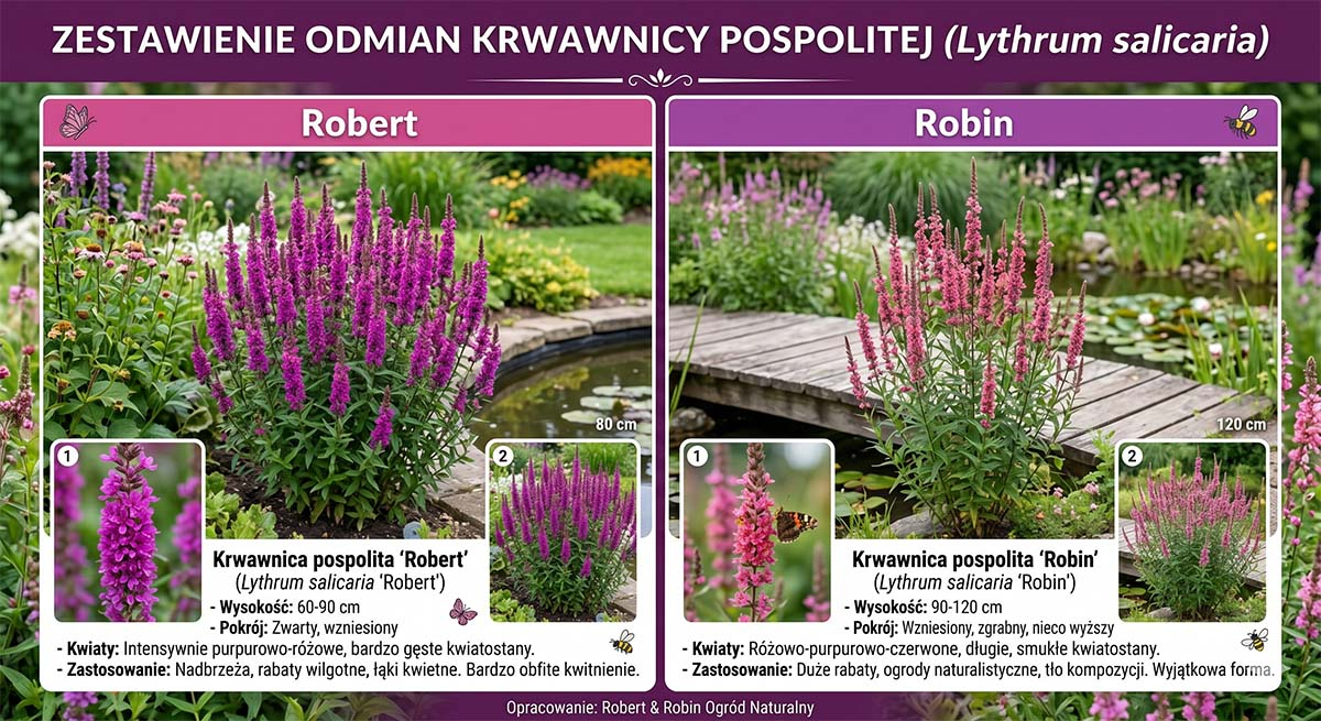 Krwawnica pospolita - porównanie odmian Robert i Robin Porównanie i zestawienie dwóch odmian krwawnicy pospolitej (Lythrum salicaria) w formie infografiki. Po lewej stronie znajduje się odmiana 'Robert' o intensywnie purpurowo-różowych, gęstych kwiatach i zwarym pokroju. Po prawej stronie widnieje odmiana 'Robin' o różowo-purpurowo-czerwonych, smuklejszych kwiatostanach. Obie sekcje zawierają opisy botaniczne, zdjęcia zbliżeń kwiatów oraz ilustracje ogrodu.