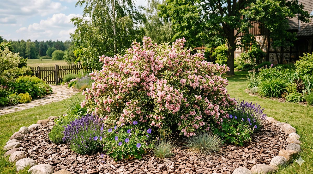 Krzewuszka cudowna (Weigela) rosnąca jako soliter w ogrodzie, obsypana różowymi kwiatami, otoczona lawendą i ściółką z kory.