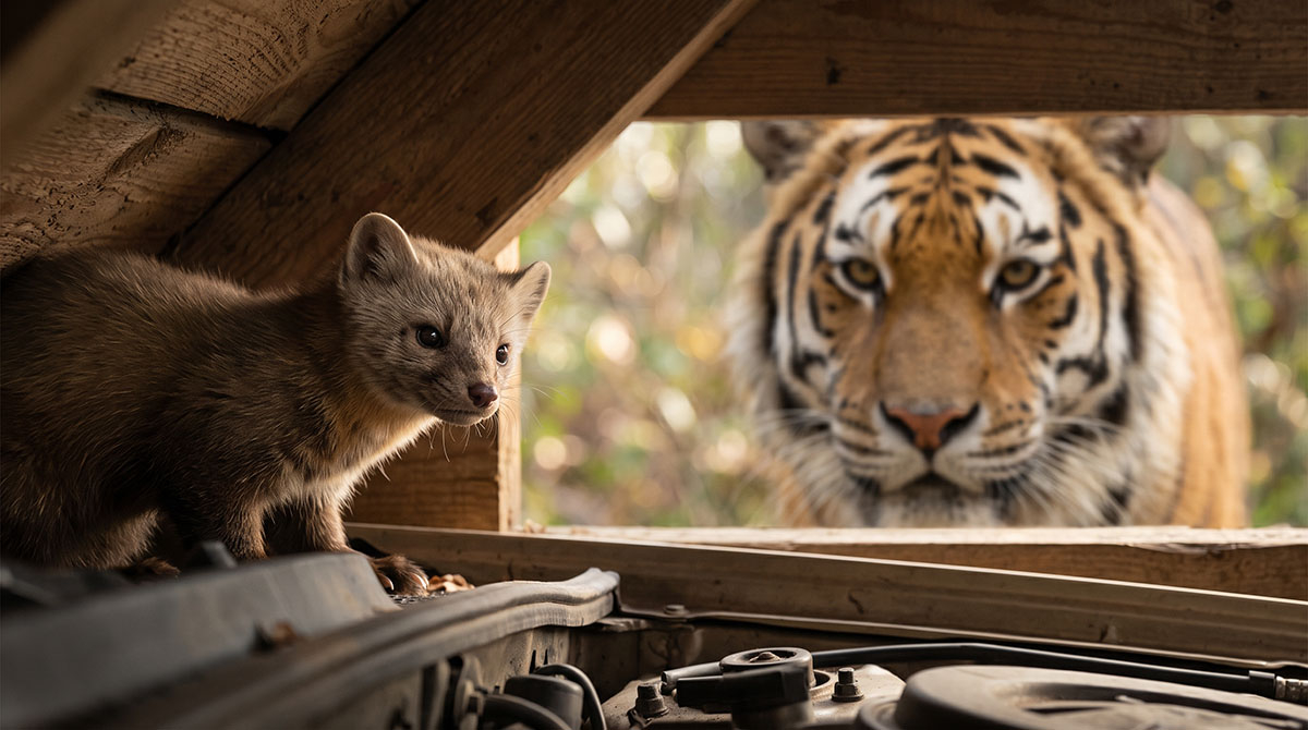 Kupa tygrysa na kuny: Czy ten naturalny odstraszacz z zoo działa? Porównanie kuny i tygrysa. Kuna pod maską samochodu obok drewnianego strychu, a obok niej duża głowa tygrysa widziana przez otwór – wizualizacja naturalnego odstraszacza kun na bazie zapachu drapieżnika.