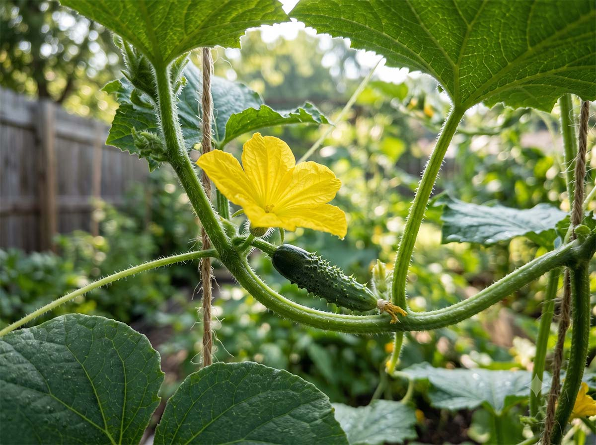 Kwiat ogórka i młody zawiązek owocu A close-up, high-quality eye-level photograph of a lush, vibrant green cucumber plant in a sunny Polish garden during July. In the foreground, healthy, crisp, and prickly cucumbers are hanging from the vine, glistening with tiny morning dew drops. In the soft-focus background, a rustic wooden or metal watering can or bucket is being tilted, pouring a natural, murky homemade organic fertilizer liquid directly onto the soil around the base of the plant. Bright, warm, natural morning sunlight filtering through the green leaves, creating a beautiful bokeh effect. Realism, authentic gardening shot, vibrant colors, 8k resolution, no text, no labels, no words, aspect ratio 16:9. --ar 16:9