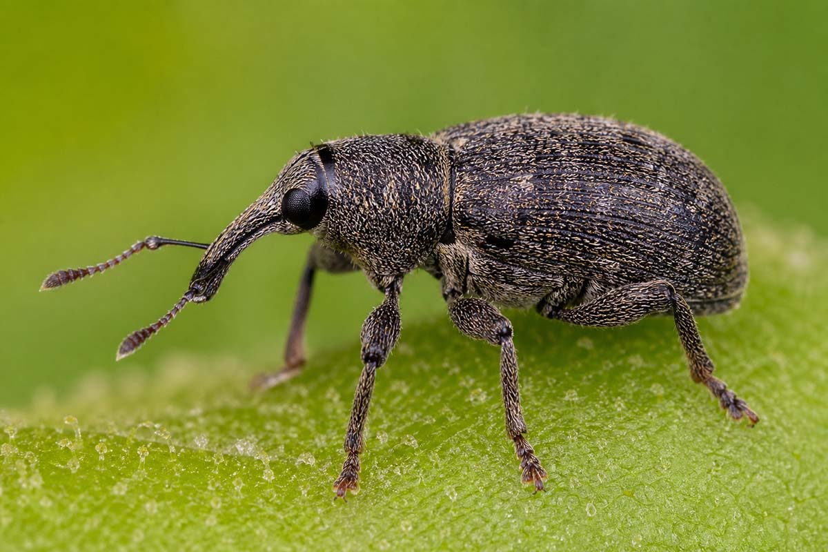 kwieciak jabłkowiec na liściu = zbliżenie szkodnika jabłoni (Anthonomus pomorum)