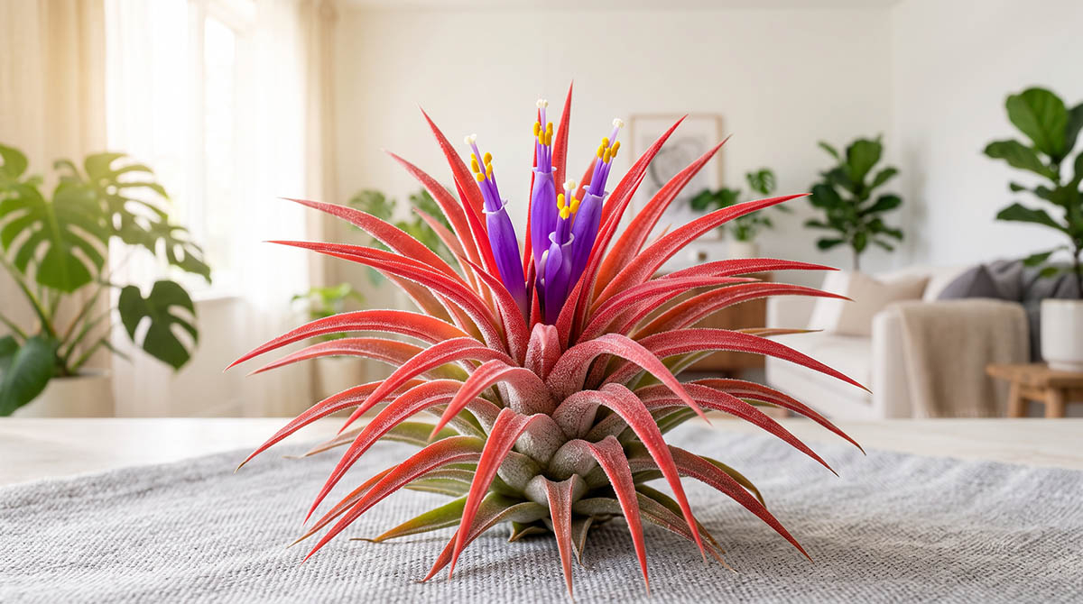Kwitnąca roślina powietrzna Tillandsia ionantha Kwitnąca roślina oplątwy z intensywnie czerwonymi liśćmi i fioletowym kwiatem na naturalnym tle