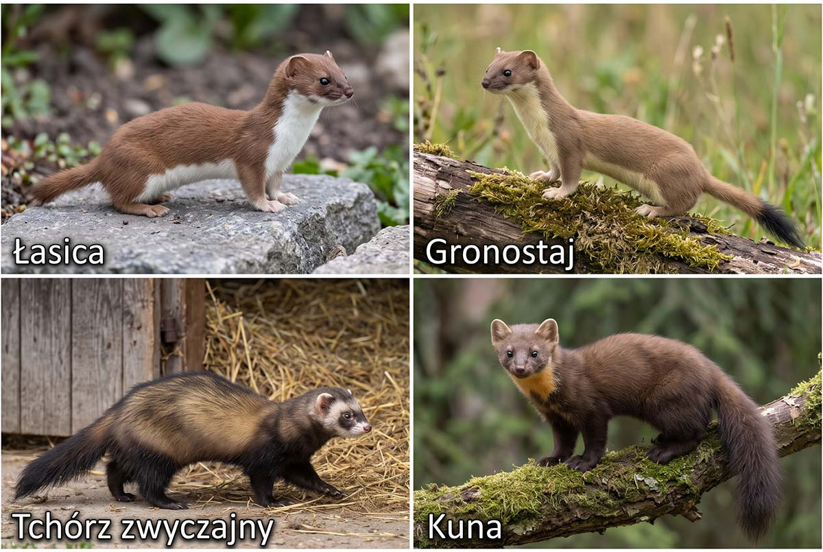 Porównanie wyglądu łasicy, gronostaja, tchórza zwyczajnego i kuny Porównanie wyglądu łasicy, gronostaja, tchórza zwyczajnego i kuny
