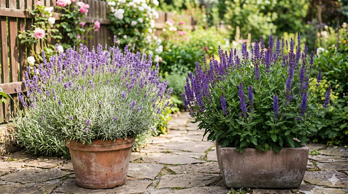 Lawenda o srebrzystych liściach oraz szałwia omszona o zielonych liściach w osobnych donicach na słonecznym tarasie &ndash; różnice w wyglądzie.