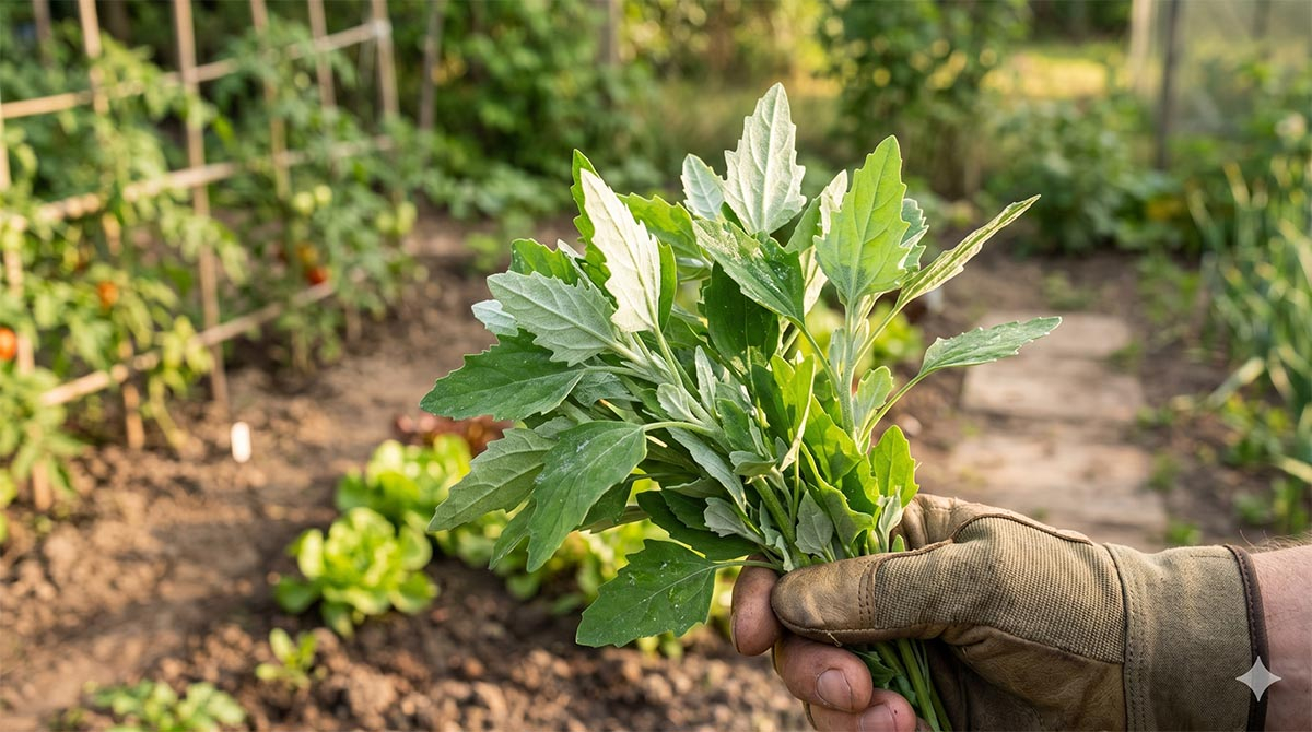 Darmowy superfood z Twojego ogrodu: Lebioda (komosa biała) lepsza niż szpinak. Zbliżenie na koszyk wypełniony świeżo zebraną lebiodą (komosą białą) w słonecznym, warzywnym ogrodzie.