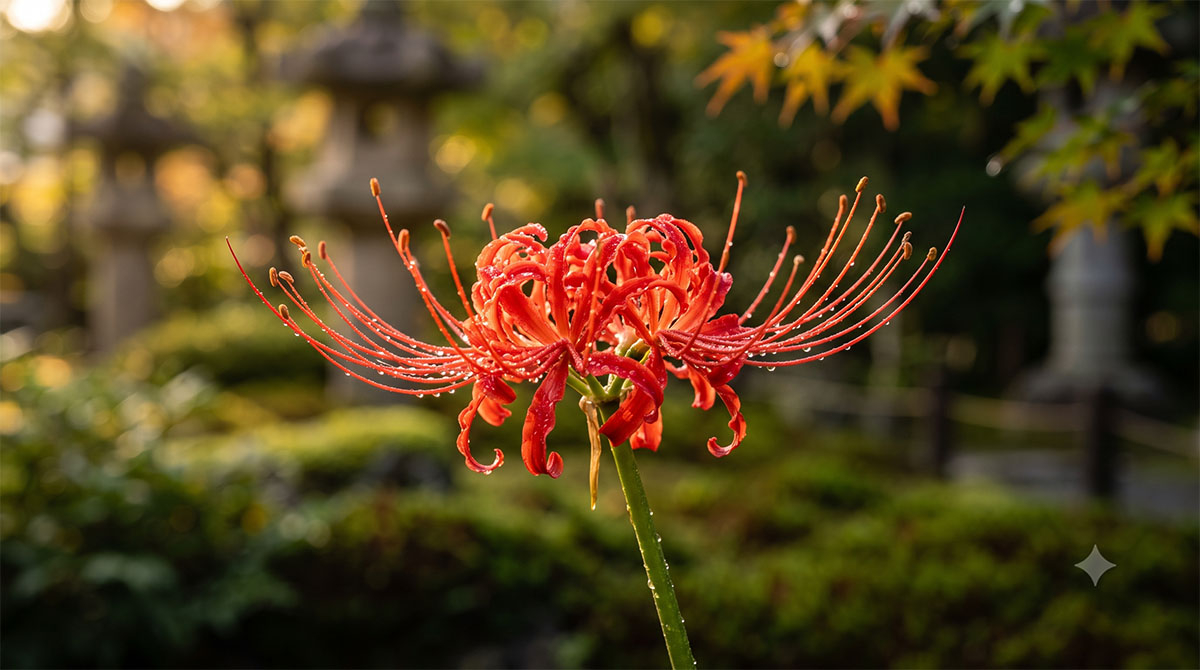 Czerwona lilia pajęcza (Lycoris radiata) w zbliżeniu Ognistoczerwona lilia pajęcza (Higanbana) z bliska, pokazująca długie pręciki.