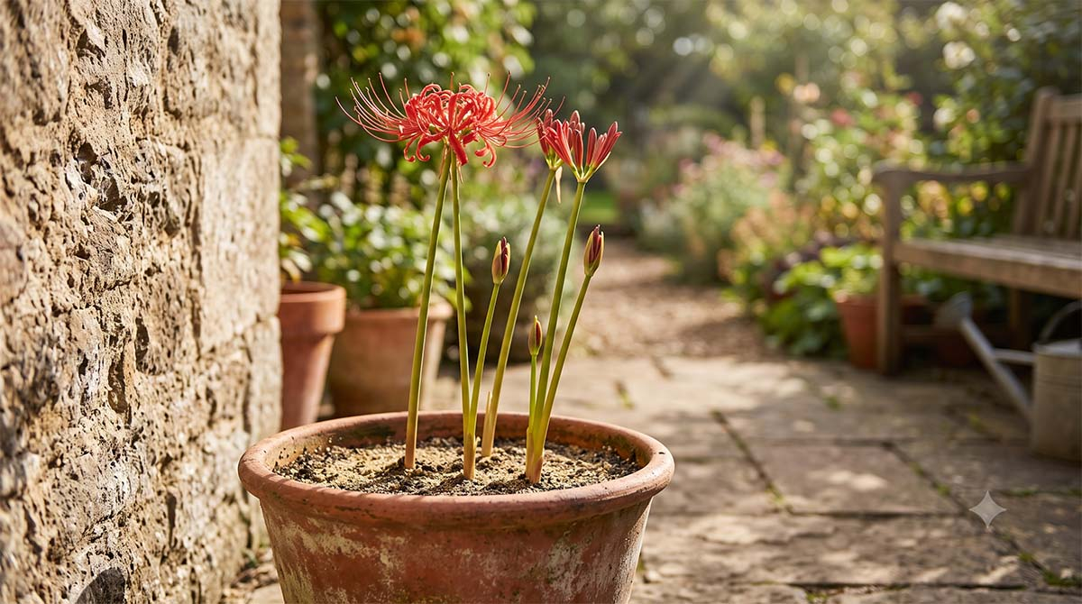 Uprawa Lycoris radiata w donicy na tarasie Lilia pajęcza rosnąca w rustykalnej donicy terakotowej na słonecznym patio, obok kamiennego muru.