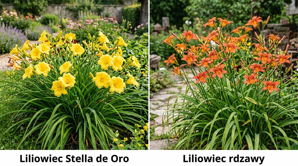 Liliowiec Stella de Oro kontra liliowiec rdzawy: zestawienie odmian Porównanie dwóch odmian liliowców w ogrodzie: po lewej żółty, niski liliowiec Stella de Oro, po prawej wysoki, pomarańczowy liliowiec rdzawy.