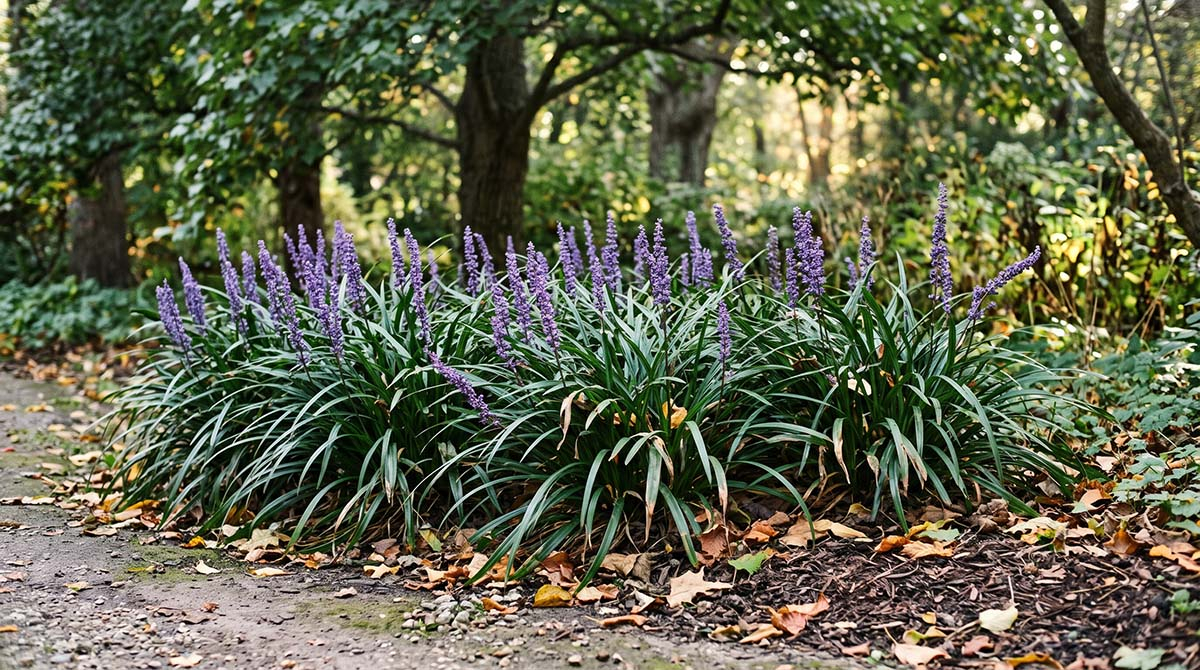Kwitnąca liriope szafirkowata (Liriope muscari) w jesiennym ogrodzie, fioletowe kwiatostany nad ciemnozielonymi liśćmi