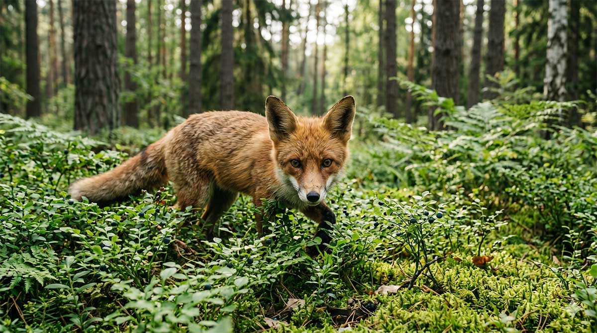 Dziki lis w polskim lesie pośród paproci i krzewinek czarnej jagody, wektor przenoszenia bąblowicy.