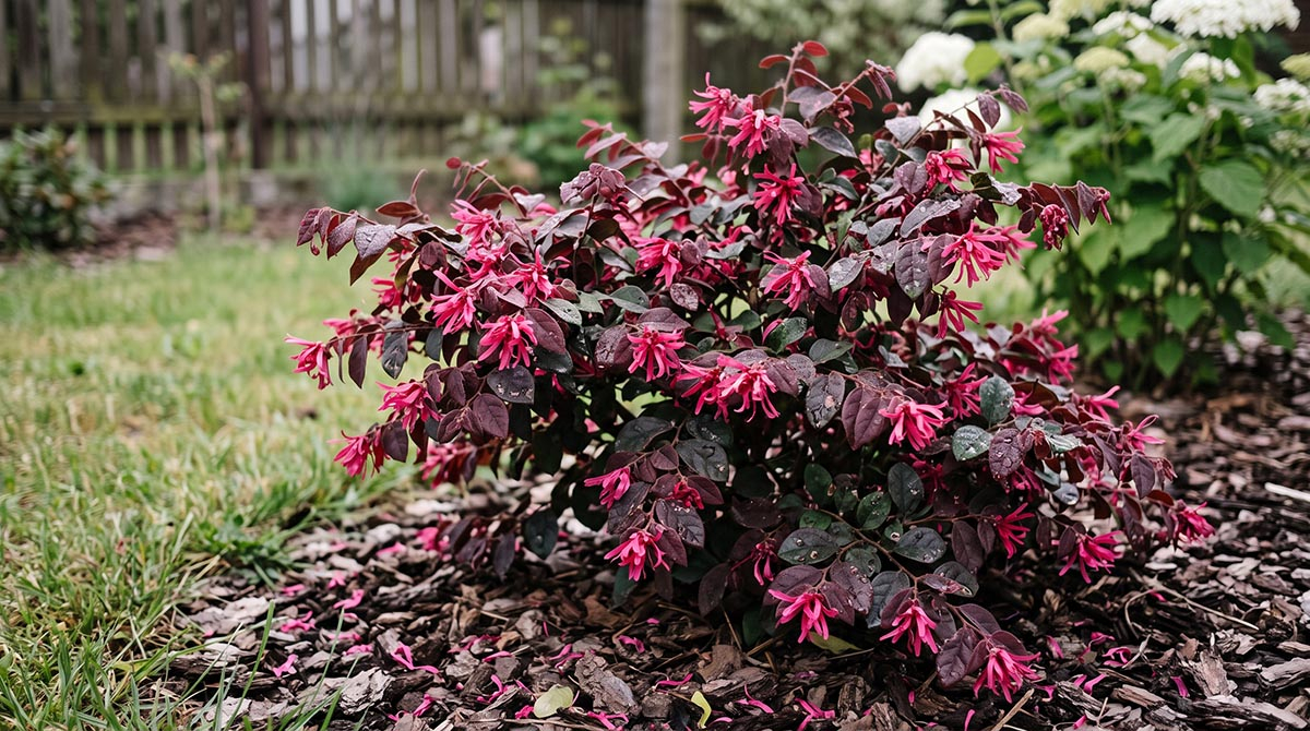 Loropetalum chińskie Ever Red w pełni kwitnienia Loropetalum chińskie Ever Red z bordowymi liśćmi i różowymi kwiatami w ogrodzie wiosną