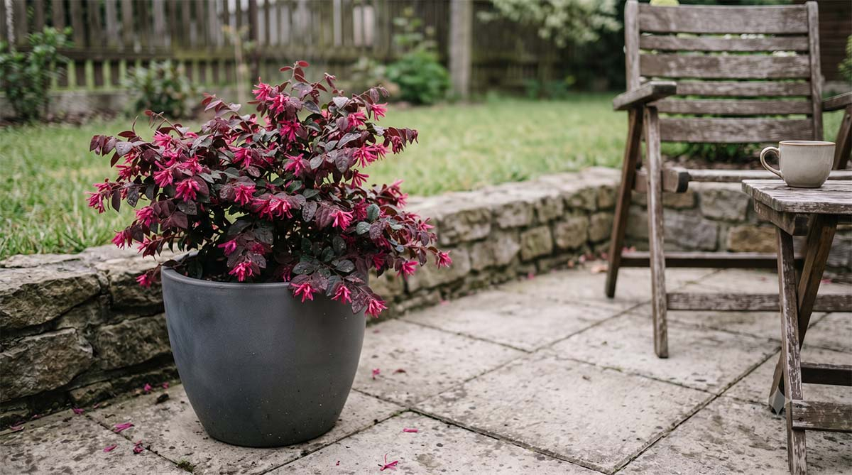Loropetalum chińskie w donicy na tarasie Loropetalum chińskie w ceramicznej donicy na tarasie z różowymi kwiatami i bordowymi liśćmi